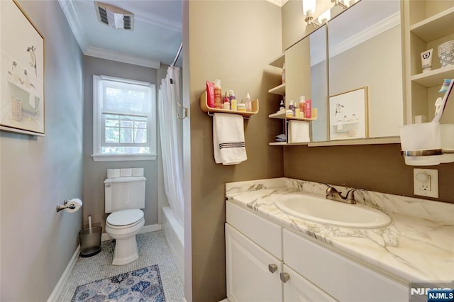 155 W Clinton Ave, Tenafly, NJ 07670 - bathroom with vanity, baseboards, toilet, ornamental molding, and shower / tub combo