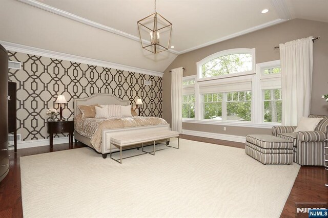 7 Newton Pl, Allendale, NJ 07401 - bedroom featuring lofted ceiling, wood finished floors, baseboards, a chandelier, and recessed lighting