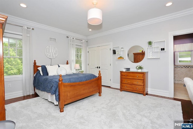 7 Newton Pl, Allendale, NJ 07401 - bedroom featuring multiple windows, ornamental molding, baseboards, a closet, and recessed lighting