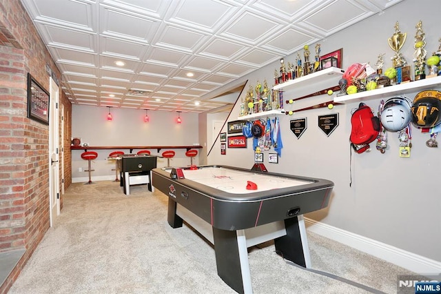 7 Newton Pl, Allendale, NJ 07401 - rec room featuring baseboards, light carpet, an ornate ceiling, brick wall, and recessed lighting