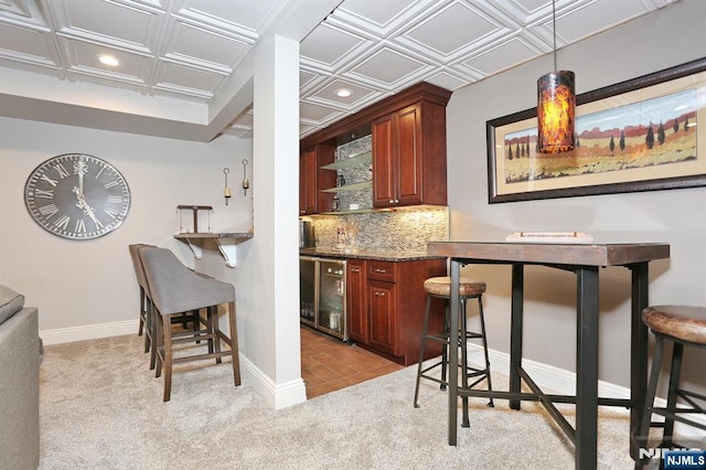 7 Newton Pl, Allendale, NJ 07401 - indoor bar with beverage cooler, baseboards, light colored carpet, tasteful backsplash, and an ornate ceiling