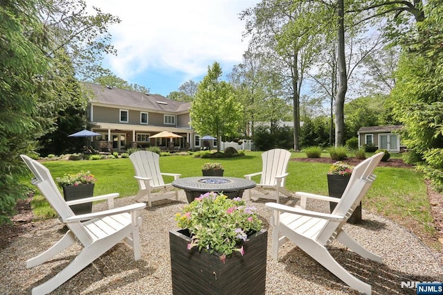 7 Newton Pl, Allendale, NJ 07401 - view of patio / terrace featuring an outdoor fire pit and an outdoor structure