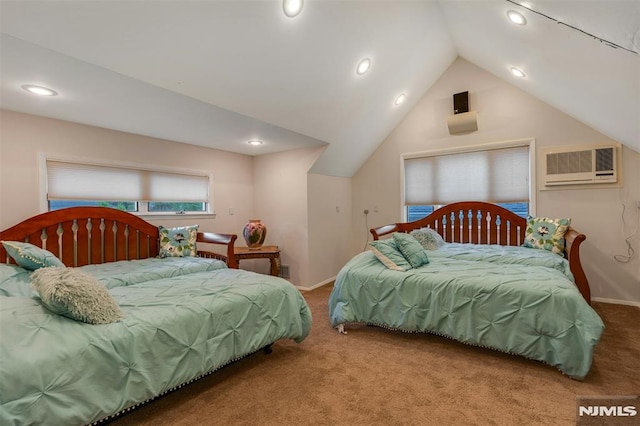 526 Rutland Ave, Teaneck, NJ 07666 - carpeted bedroom with a wall unit AC, recessed lighting, lofted ceiling, and baseboards