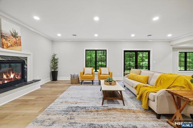 20 Aronow Pl, Mahwah, NJ 07430 - living room featuring ornamental molding, recessed lighting, light wood-style flooring, a premium fireplace, and baseboards