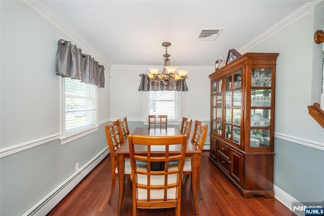 79 Palsa Ave, Elmwood Park, NJ 07407 - dining space with baseboard heating, a chandelier, dark wood-type flooring, ornamental molding, and baseboards