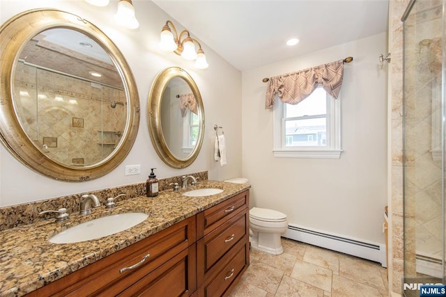 79 Palsa Ave, Elmwood Park, NJ 07407 - full bath with a baseboard heating unit, a tile shower, toilet, double vanity, and stone finish floors