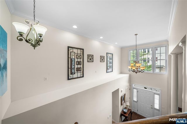 49 Quarry Dr, Woodland Park, NJ 07424 - entryway with a chandelier, ornamental molding, and recessed lighting