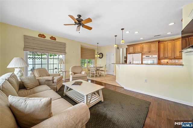 49 Quarry Dr, Woodland Park, NJ 07424 - living area featuring a ceiling fan, recessed lighting, hardwood / wood-style flooring, and baseboards