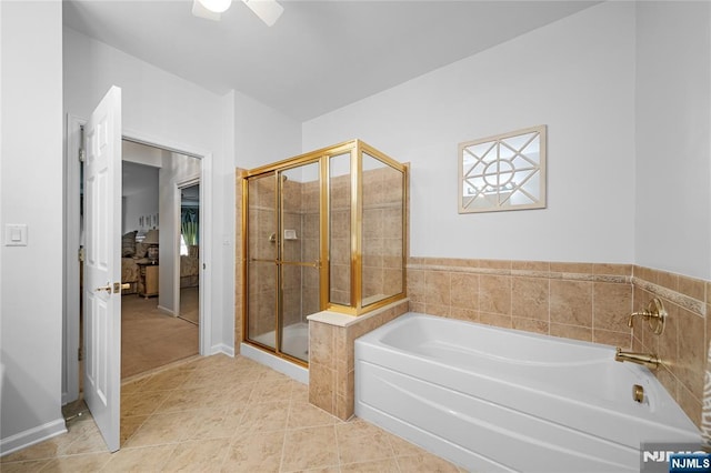 49 Quarry Dr, Woodland Park, NJ 07424 - bathroom featuring a garden tub, a shower stall, tile patterned floors, and ceiling fan