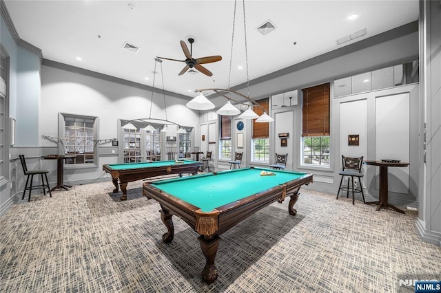 49 Quarry Dr, Woodland Park, NJ 07424 - recreation room with pool table, ornamental molding, a ceiling fan, carpet, and recessed lighting