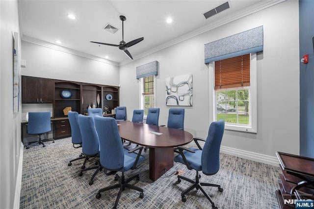 49 Quarry Dr, Woodland Park, NJ 07424 - office area featuring ceiling fan, ornamental molding, light colored carpet, recessed lighting, and baseboards