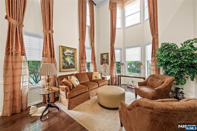 49 Quarry Dr, Woodland Park, NJ 07424 - living area featuring wood-type flooring, a towering ceiling, baseboards, and crown molding