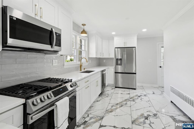 8 Oak St, Netcong Borough, NJ 07857 - kitchen featuring appliances with stainless steel finishes, a sink, radiator, recessed lighting, and baseboards
