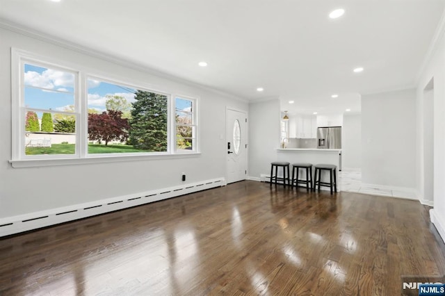8 Oak St, Netcong Borough, NJ 07857 - living room featuring ornamental molding, a baseboard heating unit, dark wood-type flooring, recessed lighting, and baseboards