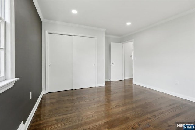 8 Oak St, Netcong Borough, NJ 07857 - unfurnished bedroom featuring ornamental molding, wood finished floors, a closet, recessed lighting, and baseboards