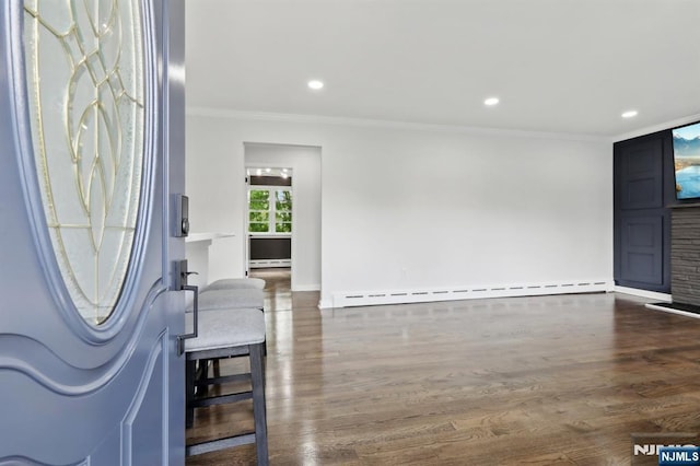 8 Oak St, Netcong Borough, NJ 07857 - foyer entrance featuring a baseboard radiator, dark wood finished floors, ornamental molding, recessed lighting, and baseboard heating