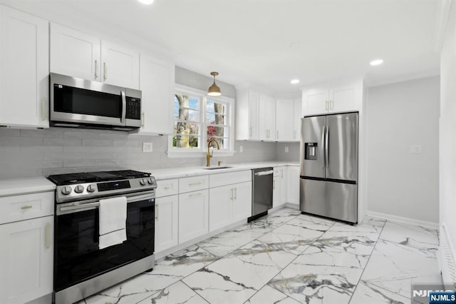 8 Oak St, Netcong Borough, NJ 07857 - kitchen featuring stainless steel appliances, light countertops, a sink, recessed lighting, and white cabinets