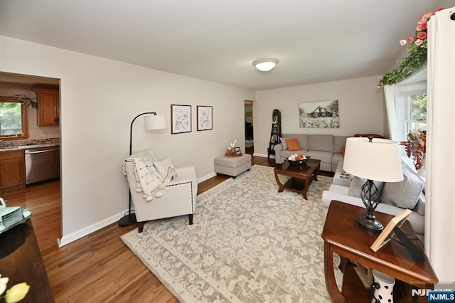 living room featuring light wood-type flooring, healthy amount of natural light, and baseboards
