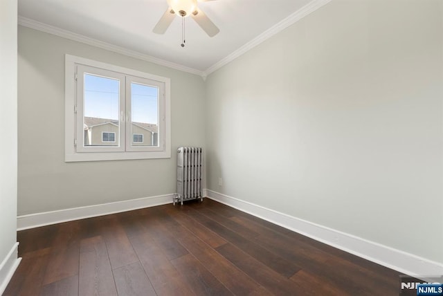 240 Berry St, Hackensack, NJ 07601 - unfurnished room with radiator, ornamental molding, baseboards, dark wood-style flooring, and a ceiling fan