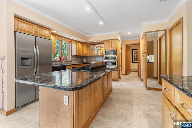 81 Columbus Ave, Totowa, NJ 07512 - kitchen with appliances with stainless steel finishes, a sink, ornamental molding, backsplash, and a kitchen island