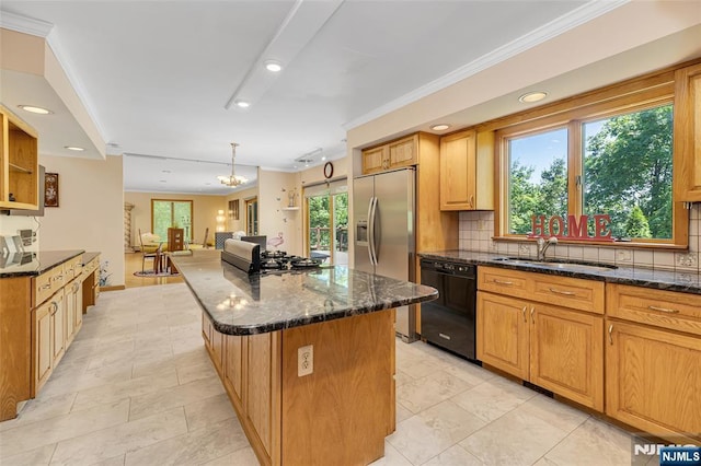 81 Columbus Ave, Totowa, NJ 07512 - kitchen featuring black dishwasher, stainless steel fridge, tasteful backsplash, a center island, and a sink