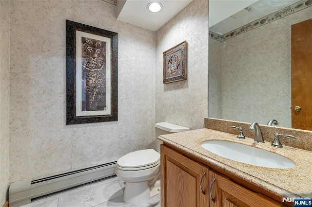 81 Columbus Ave, Totowa, NJ 07512 - bathroom with baseboard heating, vanity, toilet, and marble look tile flooring