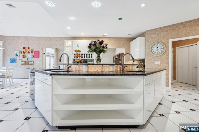 31 Bourbon St, Wayne, NJ 07470 - kitchen featuring open shelves, modern cabinets, a sink, recessed lighting, and lofted ceiling
