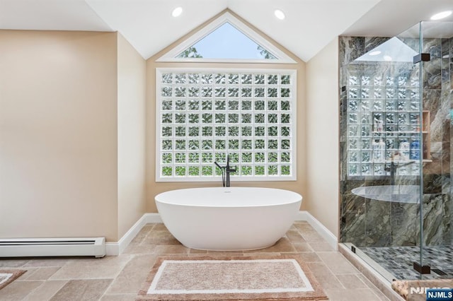 31 Bourbon St, Wayne, NJ 07470 - full bath featuring baseboard heating, baseboards, a stall shower, a soaking tub, and vaulted ceiling