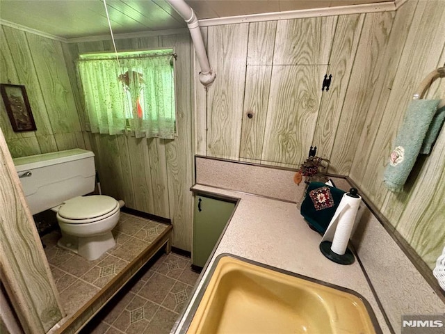 178 Fern Ave, Lyndhurst, NJ 07071 - bathroom featuring wood walls, toilet, ornamental molding, and a sink