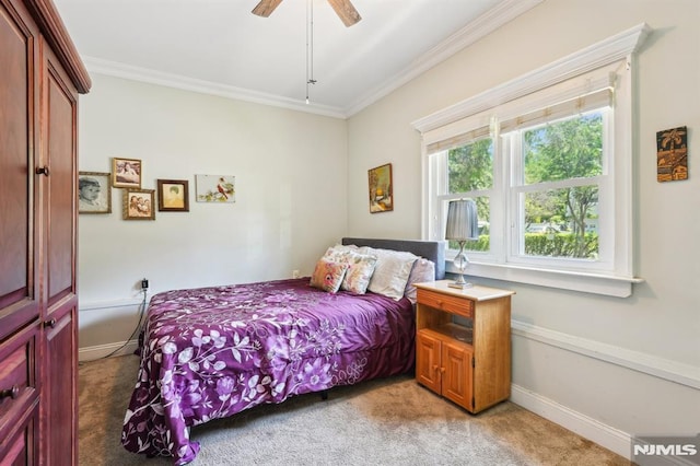104 Leland Trl, Hopatcong, NJ 07843 - bedroom with light colored carpet, ornamental molding, and a ceiling fan