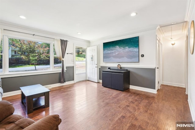 104 Leland Trl, Hopatcong, NJ 07843 - living room with attic access, wood finished floors, baseboards, recessed lighting, and crown molding