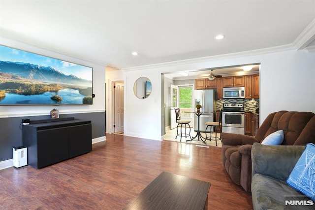 104 Leland Trl, Hopatcong, NJ 07843 - living room with ornamental molding, wood finished floors, baseboards, and recessed lighting