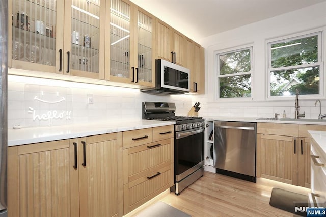 427 Stockton Pl Unit 2, Englewood, NJ 07631 - kitchen featuring appliances with stainless steel finishes, light brown cabinetry, tasteful backsplash, a sink, and light countertops
