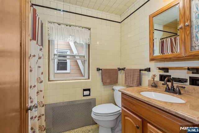 21 Spruce Ave, Ridgefield Park, NJ 07660 - full bath with tile walls, vanity, radiator, and a shower with shower curtain