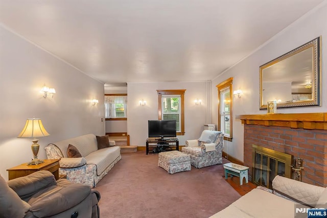 21 Spruce Ave, Ridgefield Park, NJ 07660 - carpeted living room featuring a fireplace and ornamental molding