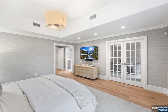 10 Kensington Ct, Tenafly, NJ 07670 - bedroom with french doors, baseboards, ornamental molding, wood finished floors, and recessed lighting