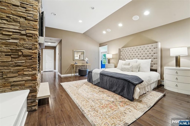 15 Fred St, Old Tappan, NJ 07675 - bedroom with dark wood-style flooring, lofted ceiling, baseboards, recessed lighting, and a baseboard radiator