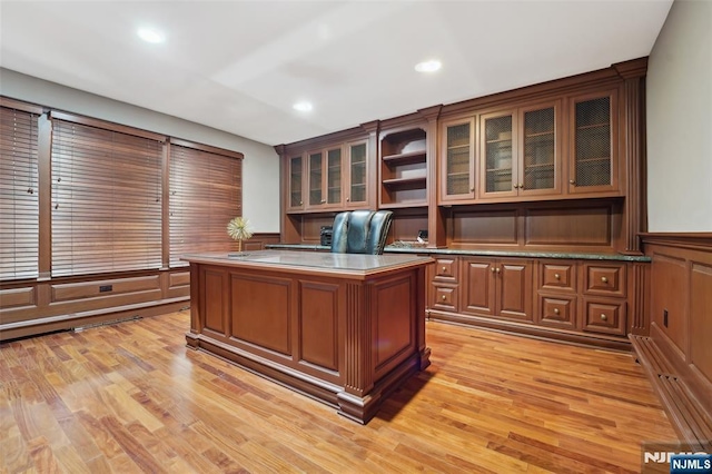 15 Fred St, Old Tappan, NJ 07675 - office area featuring built in study area, light wood-style flooring, recessed lighting, a wainscoted wall, and a decorative wall