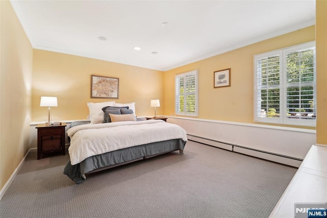 15 Fred St, Old Tappan, NJ 07675 - bedroom featuring baseboard heating, carpet flooring, ornamental molding, and baseboards