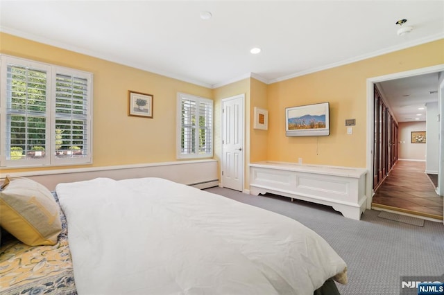 15 Fred St, Old Tappan, NJ 07675 - carpeted bedroom featuring baseboard heating, crown molding, recessed lighting, and baseboards