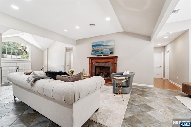 15 Fred St, Old Tappan, NJ 07675 - living area with lofted ceiling, recessed lighting, a high end fireplace, and baseboards