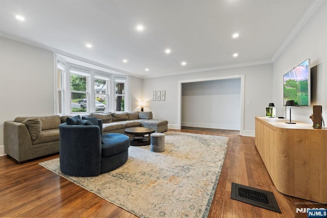 296 Highfield Ln, Nutley, NJ 07110 - living room with ornamental molding, dark wood-style floors, recessed lighting, and baseboards