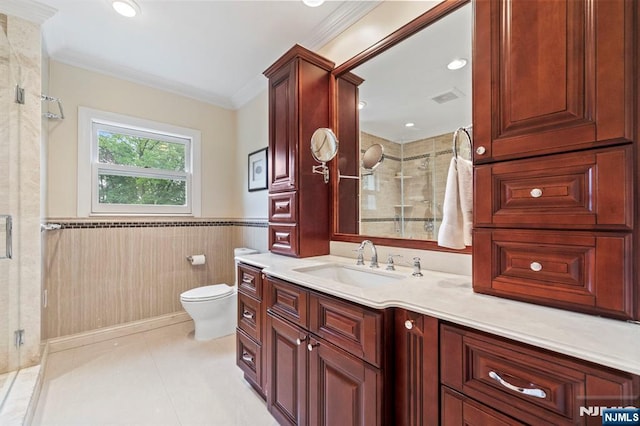 296 Highfield Ln, Nutley, NJ 07110 - bathroom featuring a shower stall, wainscoting, ornamental molding, vanity, and toilet