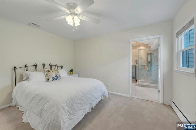 248 Camden St, Oradell, NJ 07649 - bedroom featuring a baseboard heating unit, carpet floors, baseboards, ceiling fan, and connected bathroom
