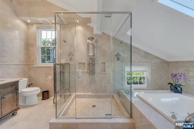 248 Camden St, Oradell, NJ 07649 - bathroom featuring tile walls, ornamental molding, lofted ceiling, plenty of natural light, and toilet