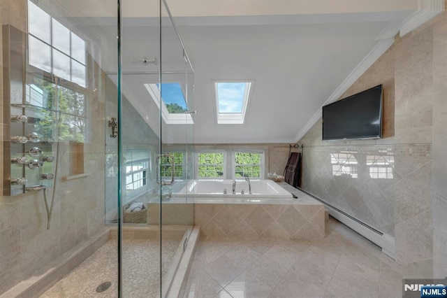 248 Camden St, Oradell, NJ 07649 - full bath featuring a skylight, crown molding, a bath, a stall shower, and vaulted ceiling
