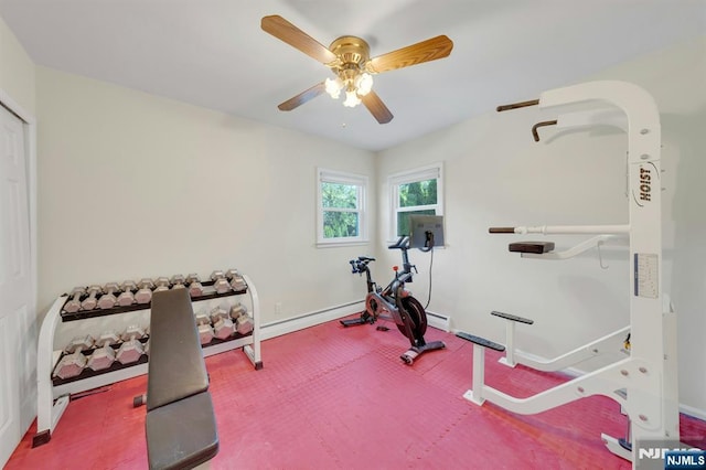 248 Camden St, Oradell, NJ 07649 - exercise area with a ceiling fan, baseboards, and baseboard heating