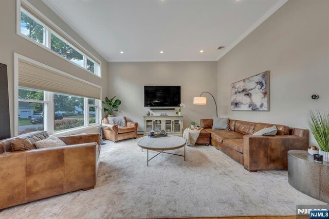 248 Camden St, Oradell, NJ 07649 - living area featuring ornamental molding, recessed lighting, and a baseboard heating unit