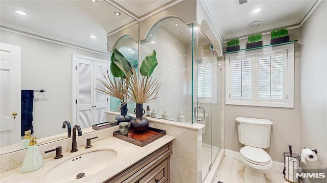 263 Standish Rd, Ridgewood, NJ 07450 - full bath with crown molding, toilet, a stall shower, vanity, and baseboards
