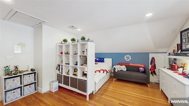 263 Standish Rd, Ridgewood, NJ 07450 - bedroom featuring attic access, light wood-type flooring, lofted ceiling, and recessed lighting